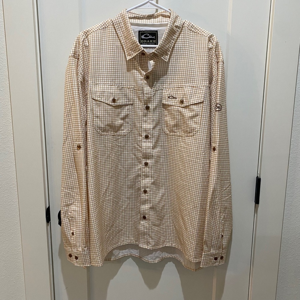 Drake Waterfowl Mens XL Moisture Wicking Grid Button Down Shirt Tan White NWT